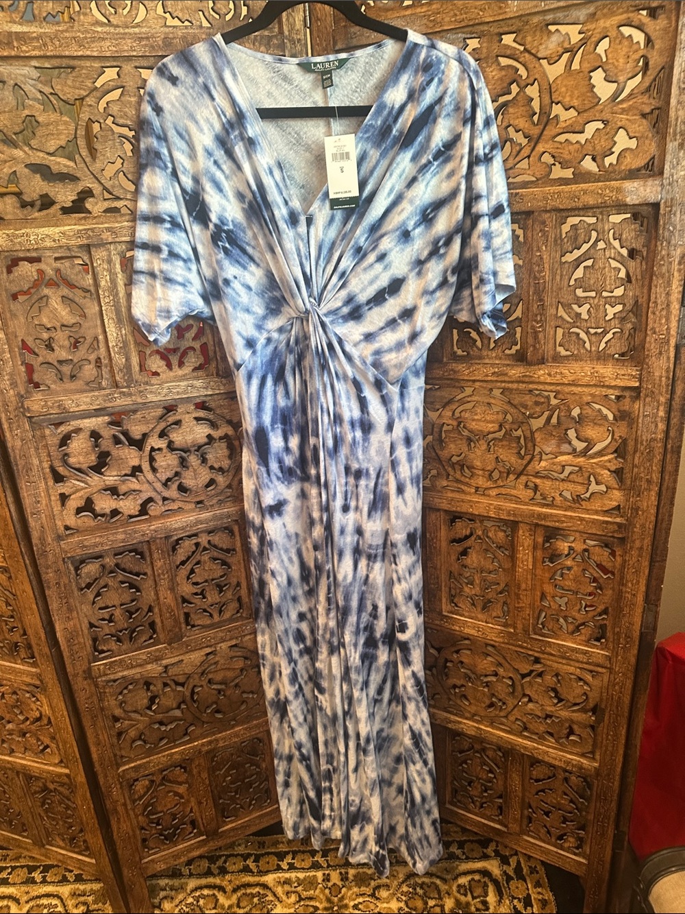 Lauren Ralph Lauren Blue and White Tie-Dye V-Neck Maxi Dress